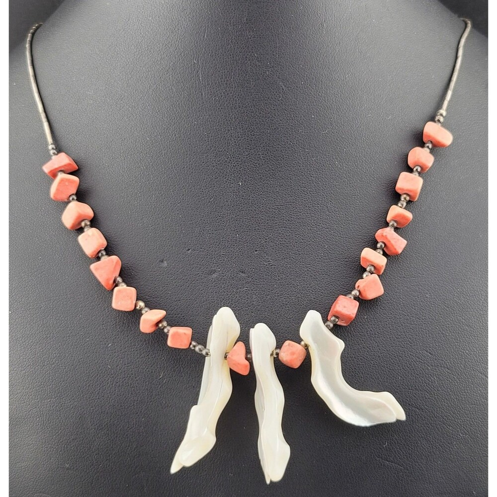 Native American Sterling Silver Liquid Silver Coral Long MOP Bead Necklace 20.5"